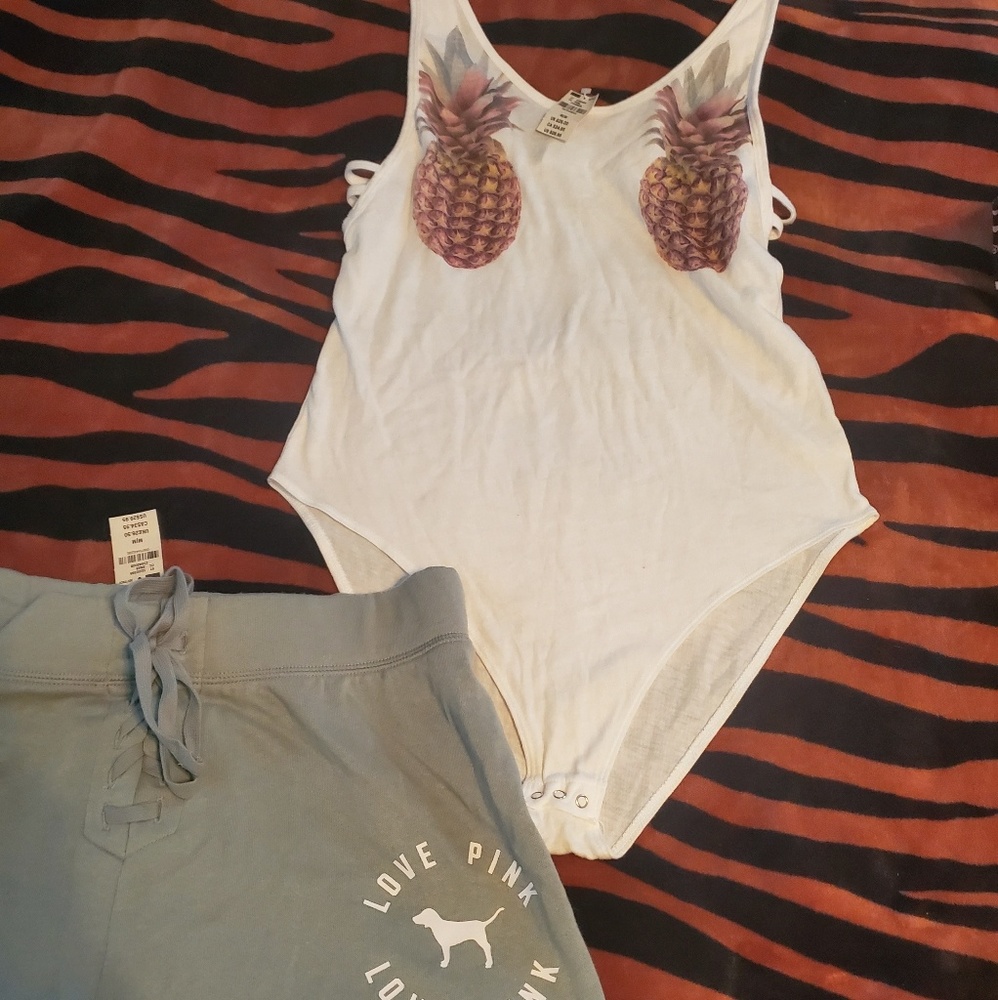 PINK pineapple bodysuit and lace up shorts set
